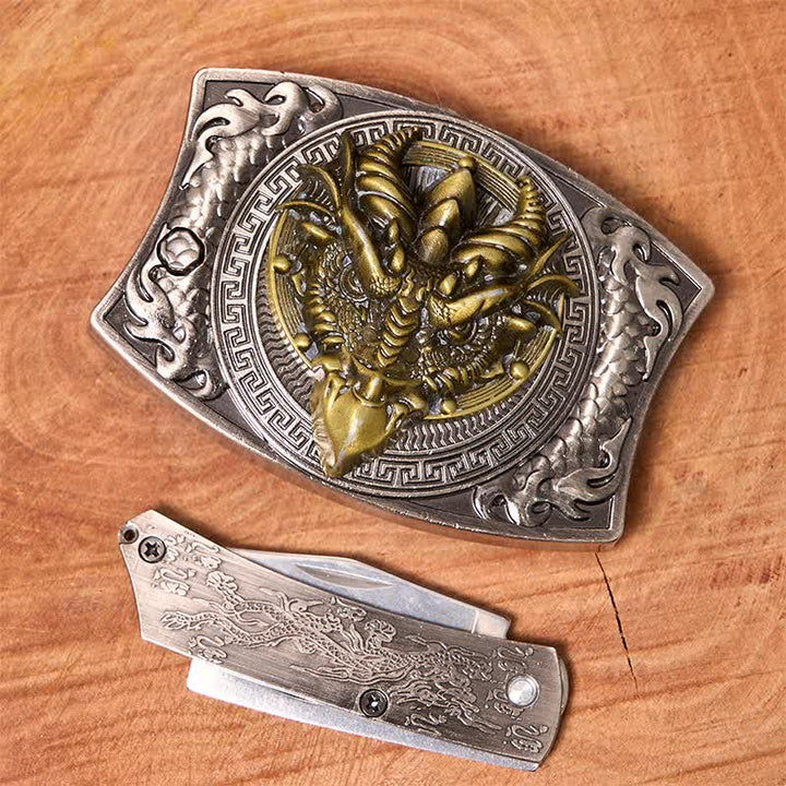 Cinturón de cuero con cuchillo plegable oculto de dragón de pico afilado para hombre