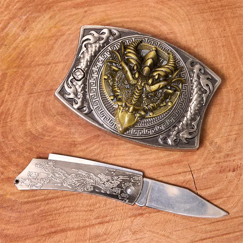 Cinturón de cuero con cuchillo plegable oculto de dragón de pico afilado para hombre