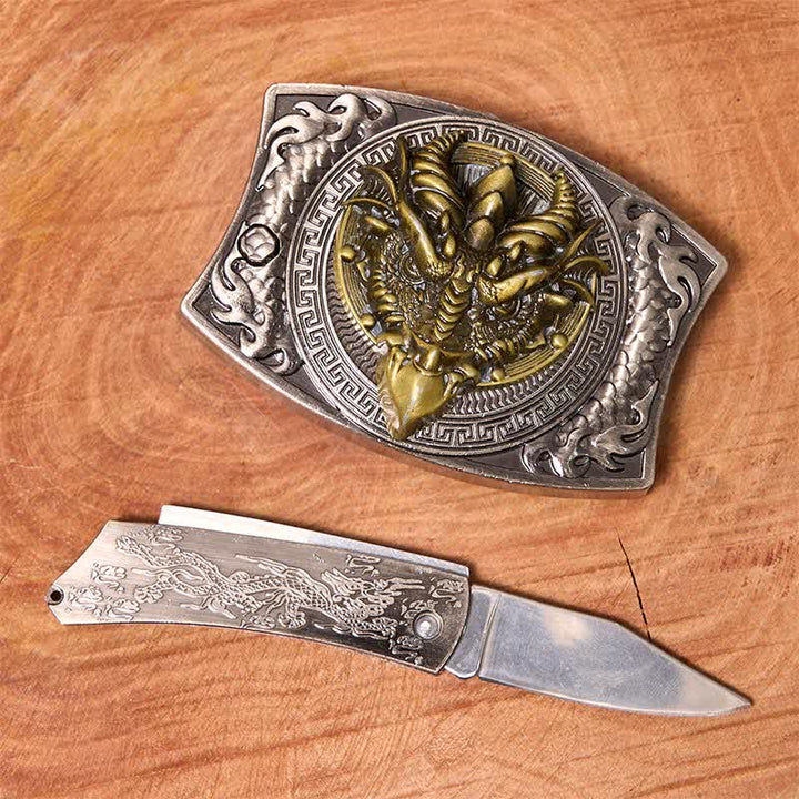 Cinturón de cuero con cuchillo plegable oculto de dragón de pico afilado para hombre