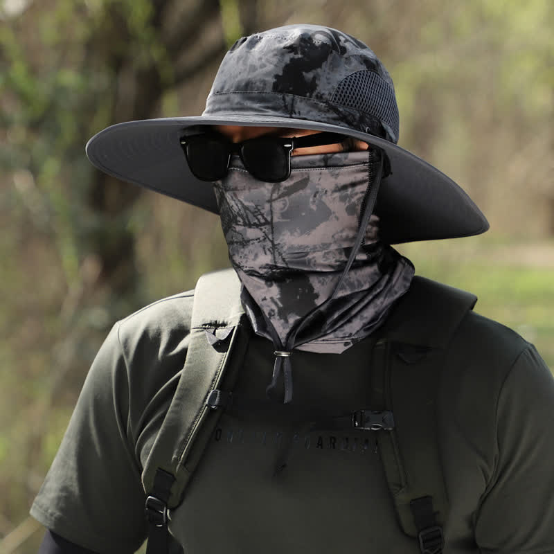 2 piezas de sombrero de pescador de ala grande con máscara de camuflaje para hombre