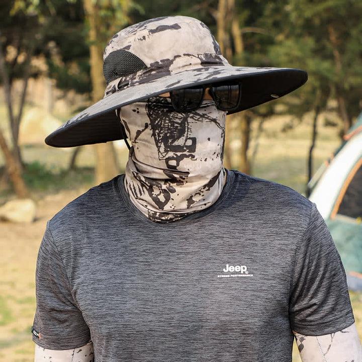 2 piezas de sombrero de pescador de ala grande con máscara de camuflaje para hombre