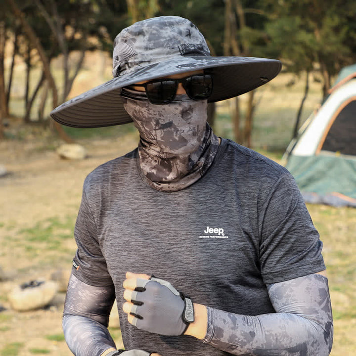 2 piezas de sombrero de pescador de ala grande con máscara de camuflaje para hombre