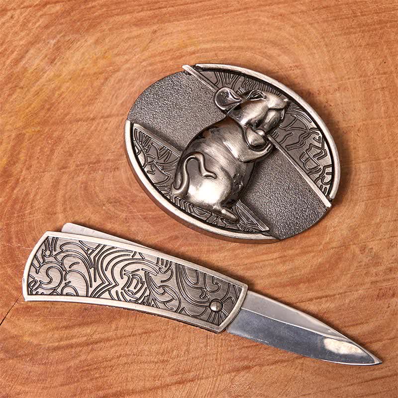 Cinturón de cuero con cuchillo plegable oculto para hámster, hecho a mano por hombres