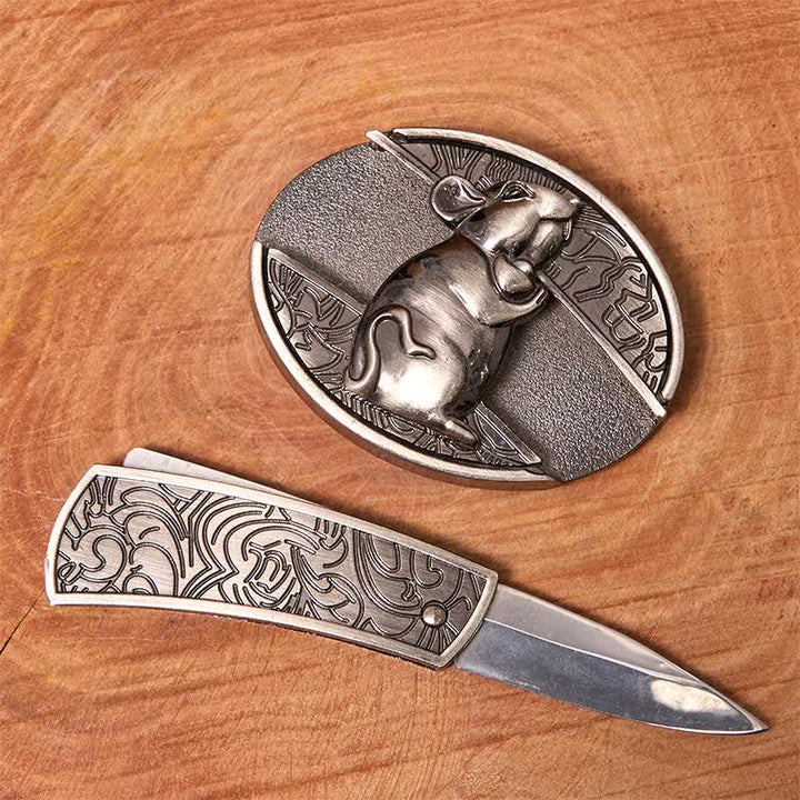 Cinturón de cuero con cuchillo plegable oculto para hámster, hecho a mano por hombres