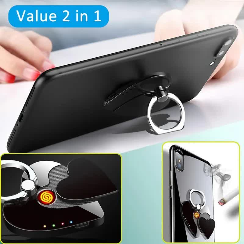 Encendedor eléctrico recargable con hebilla de anillo y soporte para teléfono con forma de corazón