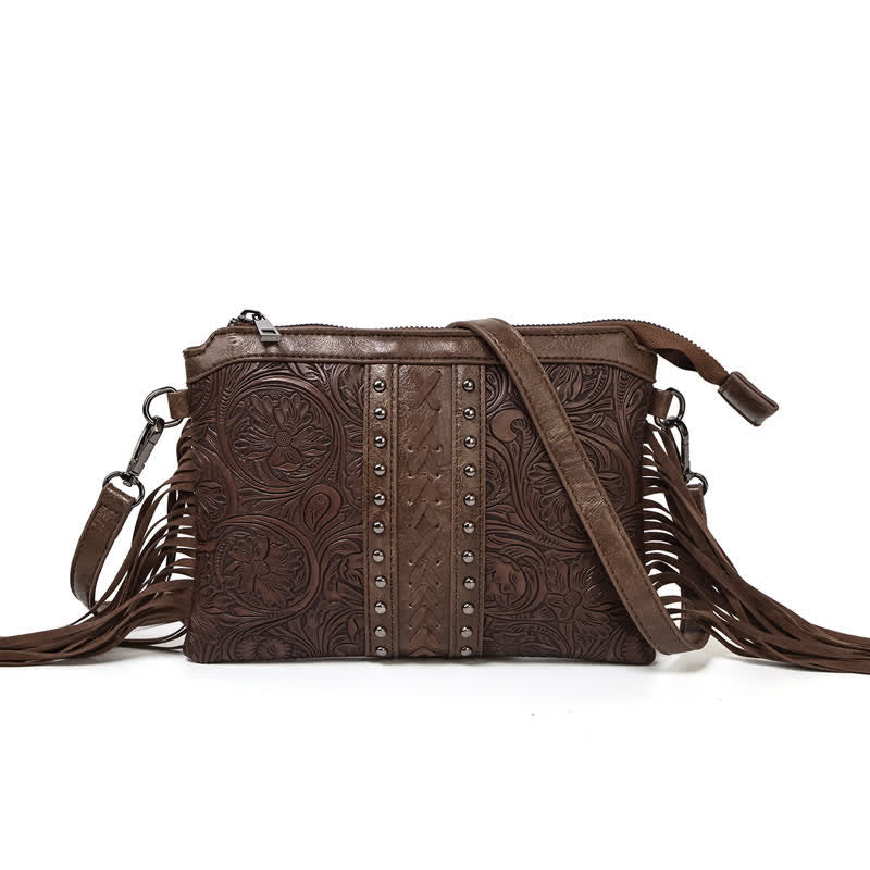 Bolso bandolera con flecos y estampado floral bohemio grabado para mujer
