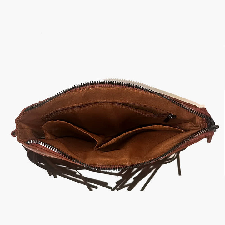 Bolso bandolera con flecos y estampado floral bohemio grabado para mujer