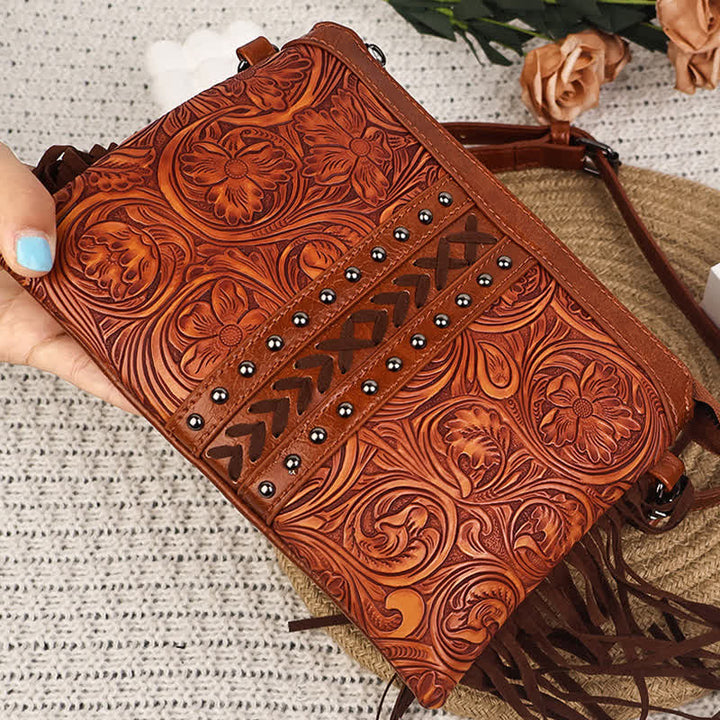 Bolso bandolera con flecos y estampado floral bohemio grabado para mujer