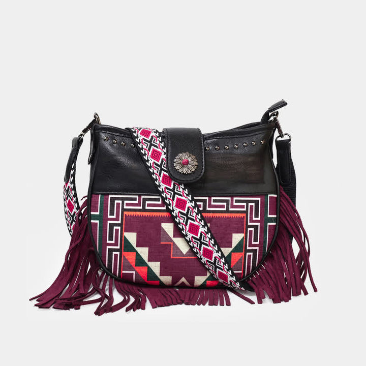 Bolso bandolera con flecos y motivos aztecas nativos para mujer