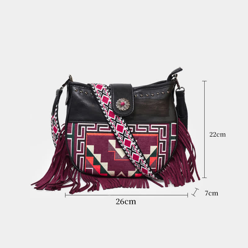 Bolso bandolera con flecos y motivos aztecas nativos para mujer
