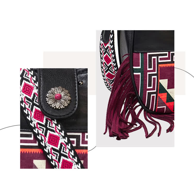 Bolso bandolera con flecos y motivos aztecas nativos para mujer