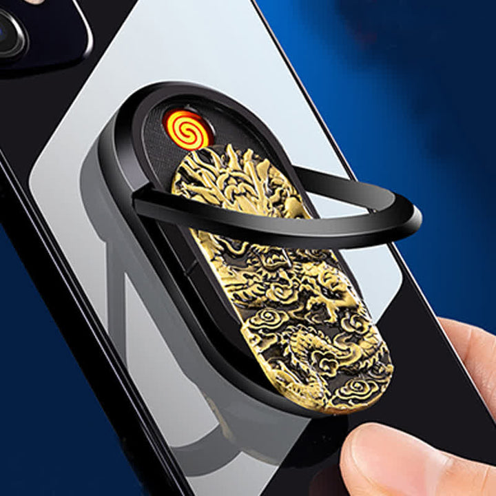 Soporte para teléfono con hebilla de anillo y encendedor eléctrico recargable Dragon Tiger