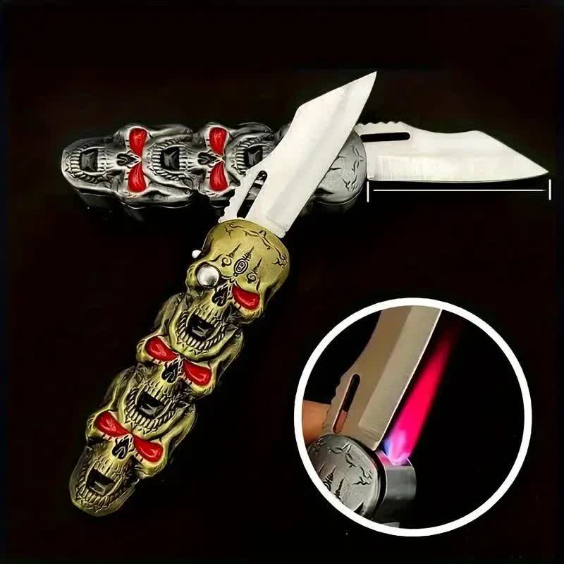 Encendedor de butano recargable con forma de calavera triple y cuchillo - image 1
