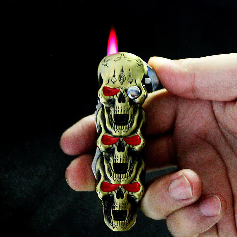 Encendedor de butano recargable con forma de calavera triple y cuchillo - image 2