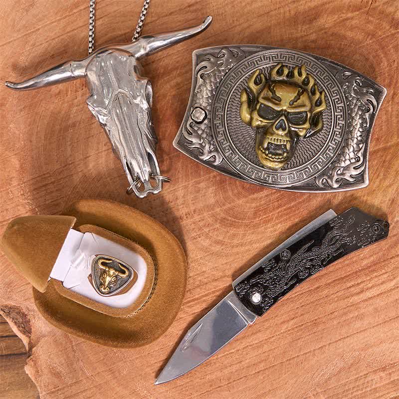 Conjunto de hebilla de cinturón con colgante de cuerno largo y anillo de toro con forma de calavera y cuchillo oculto