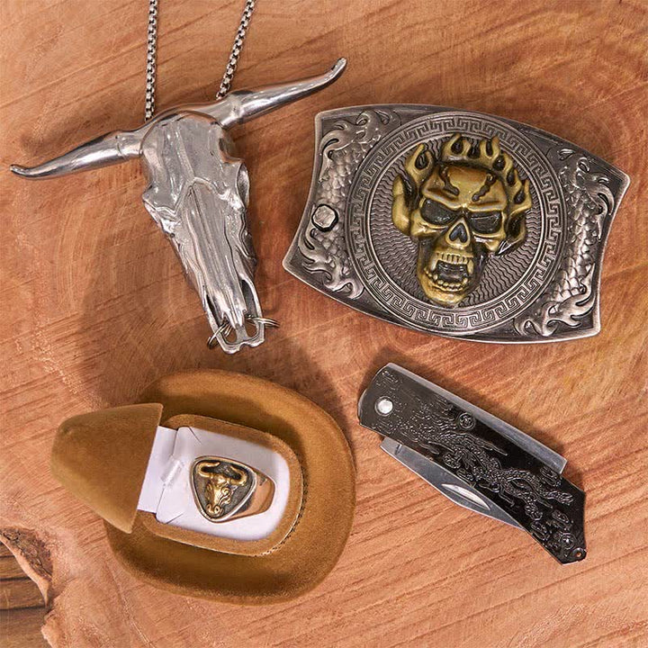 Conjunto de hebilla de cinturón con colgante de cuerno largo y anillo de toro con forma de calavera y cuchillo oculto