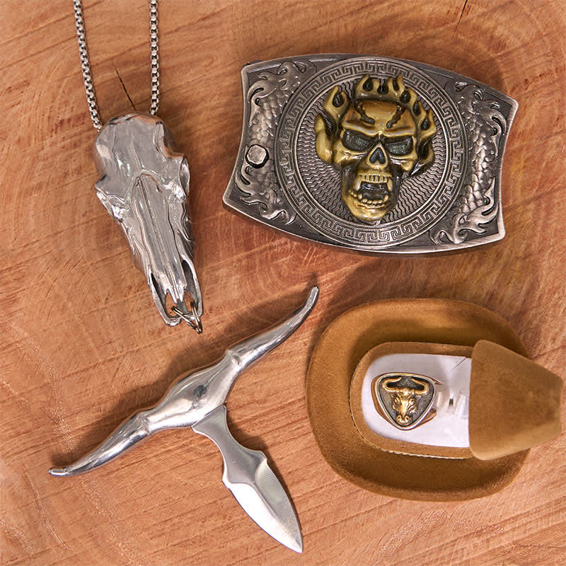 Conjunto de hebilla de cinturón con colgante de cuerno largo y anillo de toro con forma de calavera y cuchillo oculto