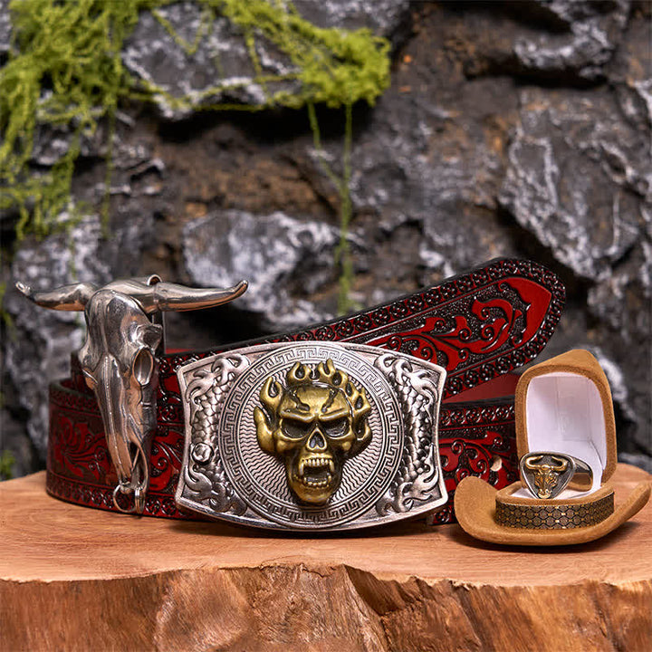 Conjunto de hebilla de cinturón con colgante de cuerno largo y anillo de toro con forma de calavera y cuchillo oculto