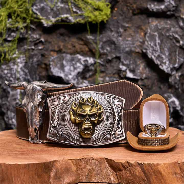 Conjunto de hebilla de cinturón con colgante de cuerno largo y anillo de toro con forma de calavera y cuchillo oculto
