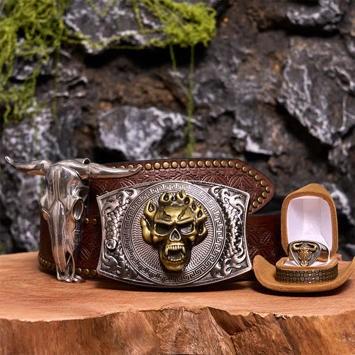 Conjunto de hebilla de cinturón con colgante de cuerno largo y anillo de toro con forma de calavera y cuchillo oculto