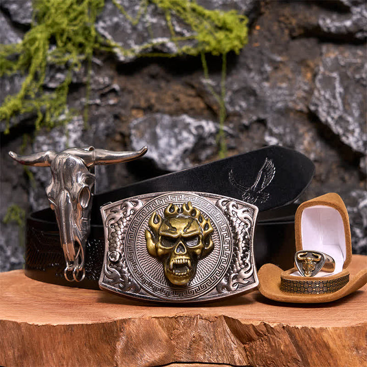 Conjunto de hebilla de cinturón con colgante de cuerno largo y anillo de toro con forma de calavera y cuchillo oculto