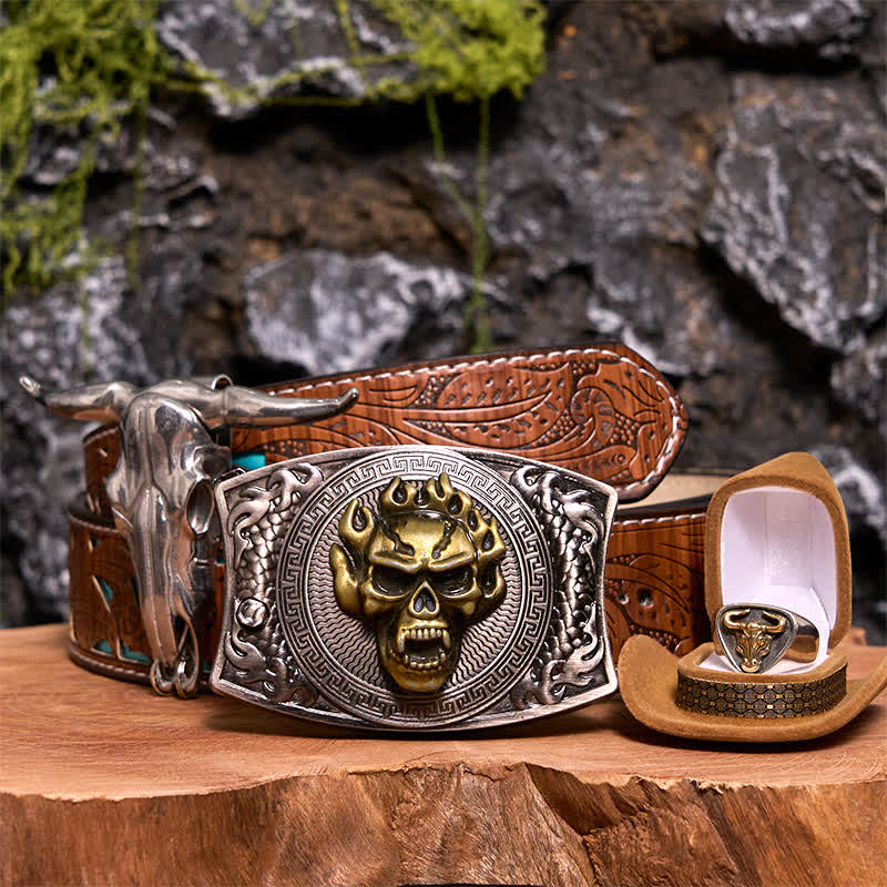 Conjunto de hebilla de cinturón con colgante de cuerno largo y anillo de toro con forma de calavera y cuchillo oculto