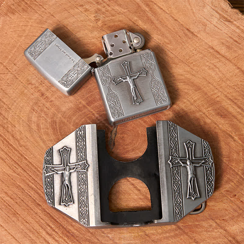 Cinturón de cuero con cruz de Jesús para hombre, hecho a mano, con encendedor oculto