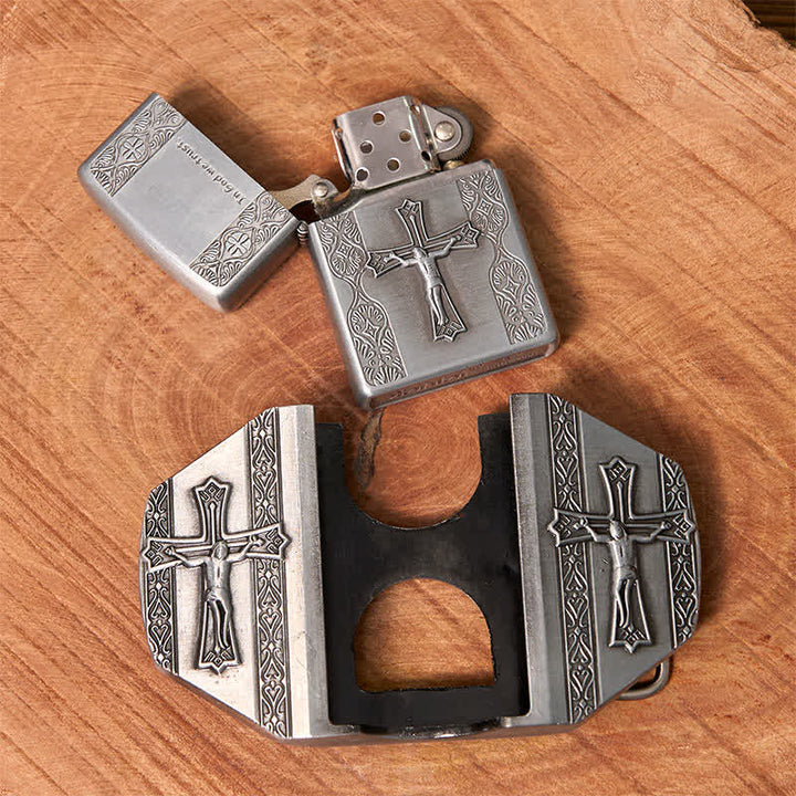 Cinturón de cuero con cruz de Jesús para hombre, hecho a mano, con encendedor oculto