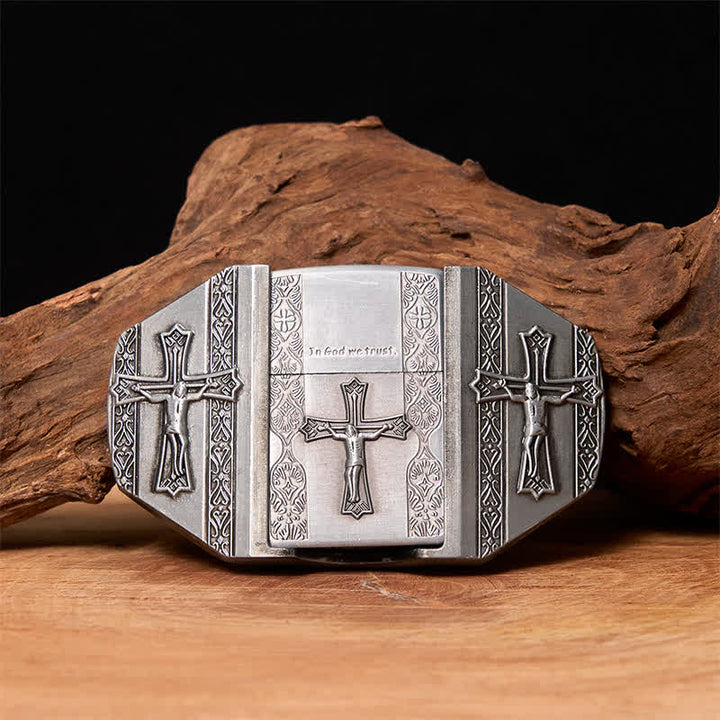 Cinturón de cuero con cruz de Jesús para hombre, hecho a mano, con encendedor oculto