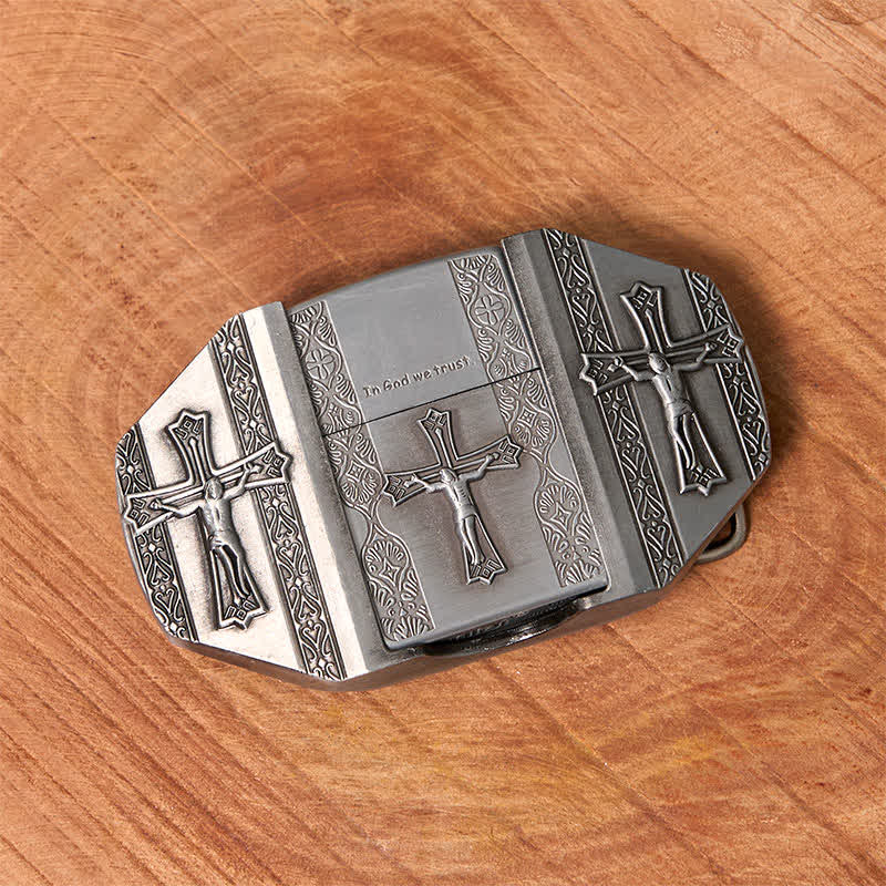 Cinturón de cuero con cruz de Jesús para hombre, hecho a mano, con encendedor oculto