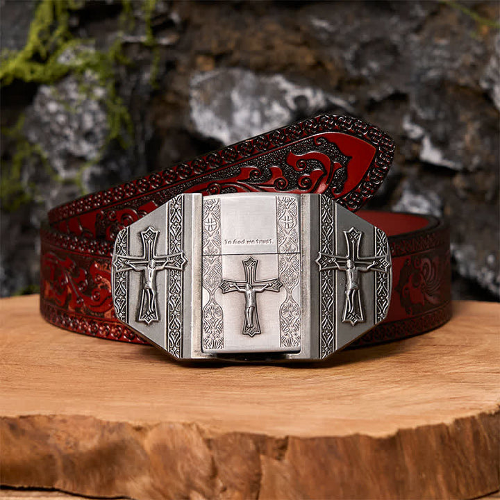 Cinturón de cuero con cruz de Jesús para hombre, hecho a mano, con encendedor oculto