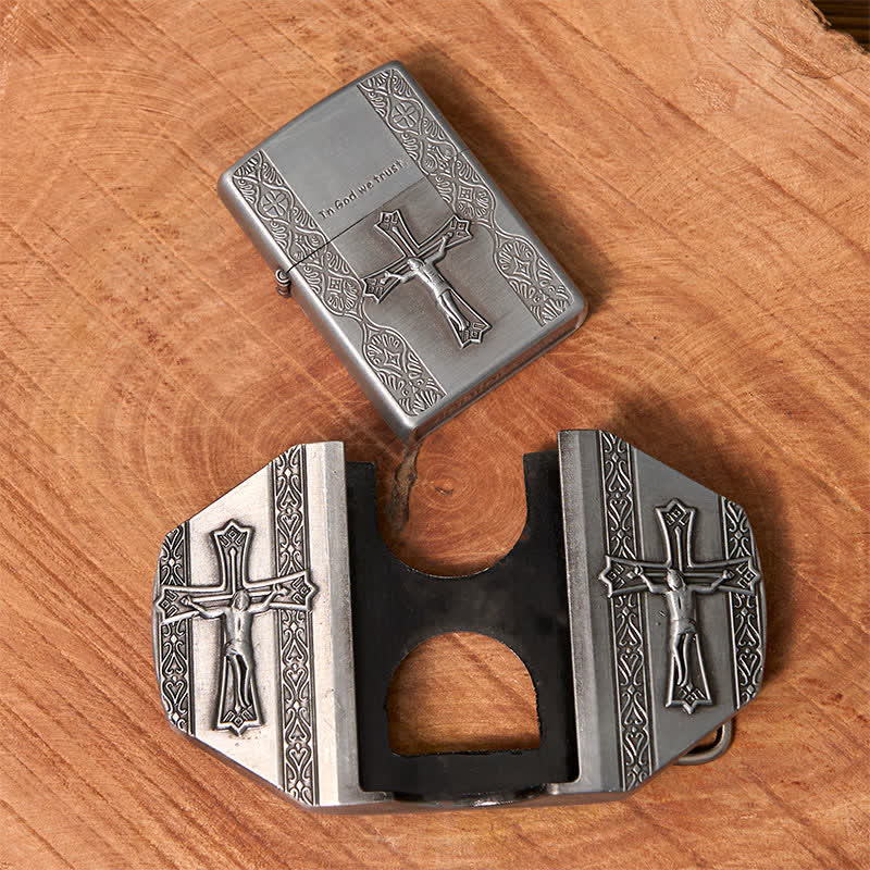 Cinturón de cuero con cruz de Jesús para hombre, hecho a mano, con encendedor oculto