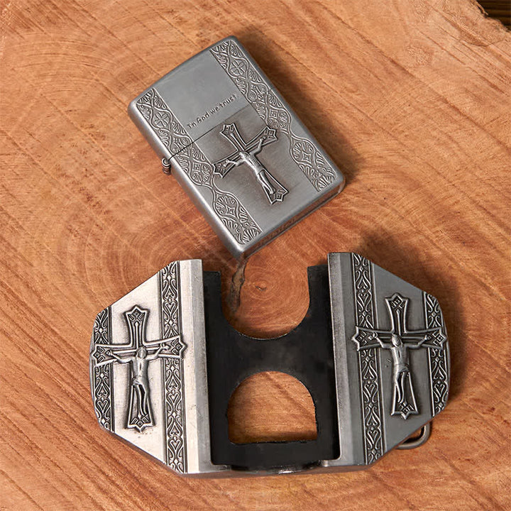 Cinturón de cuero con cruz de Jesús para hombre, hecho a mano, con encendedor oculto
