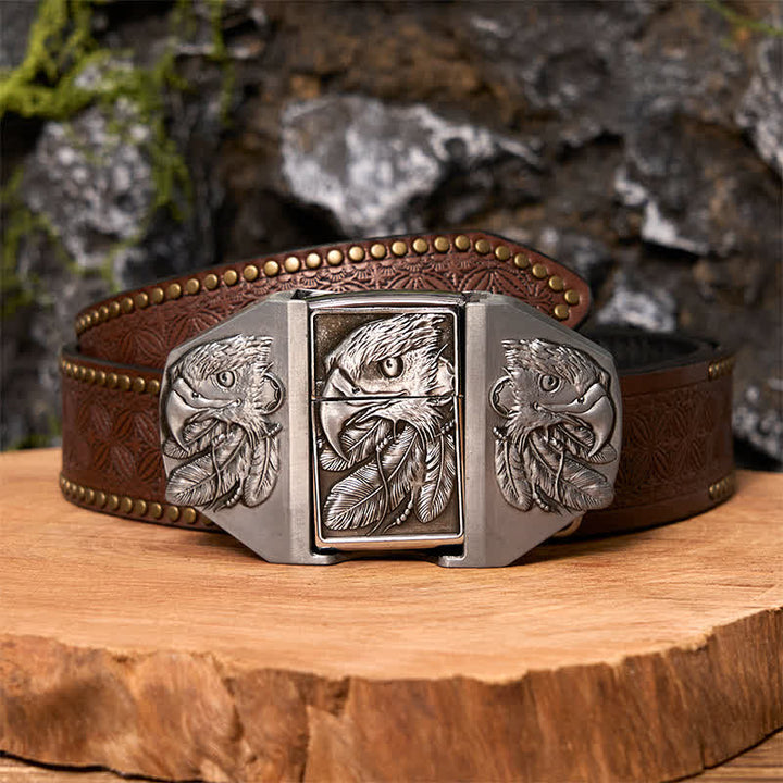 Cinturón de cuero con triple águila plateada para hombre, hecho a mano, con encendedor oculto