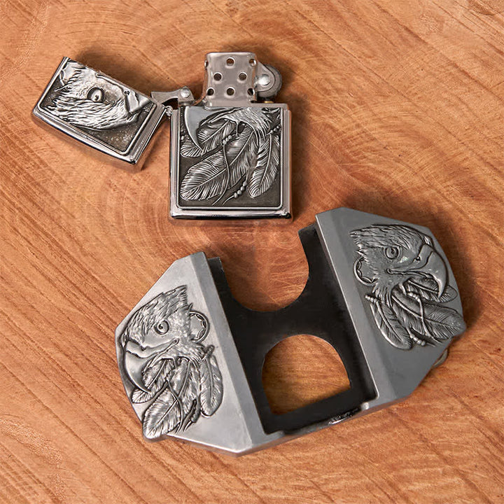 Cinturón de cuero con triple águila plateada para hombre, hecho a mano, con encendedor oculto