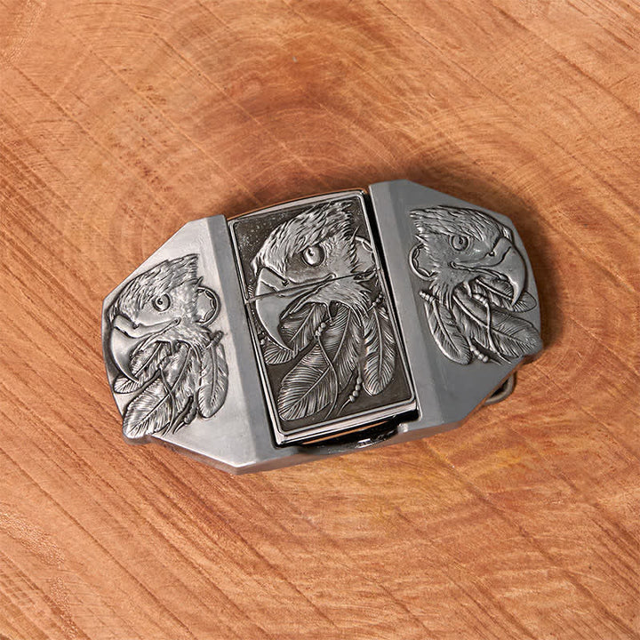 Cinturón de cuero con triple águila plateada para hombre, hecho a mano, con encendedor oculto