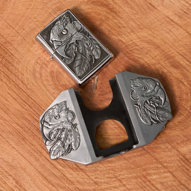 Cinturón de cuero con triple águila plateada para hombre, hecho a mano, con encendedor oculto