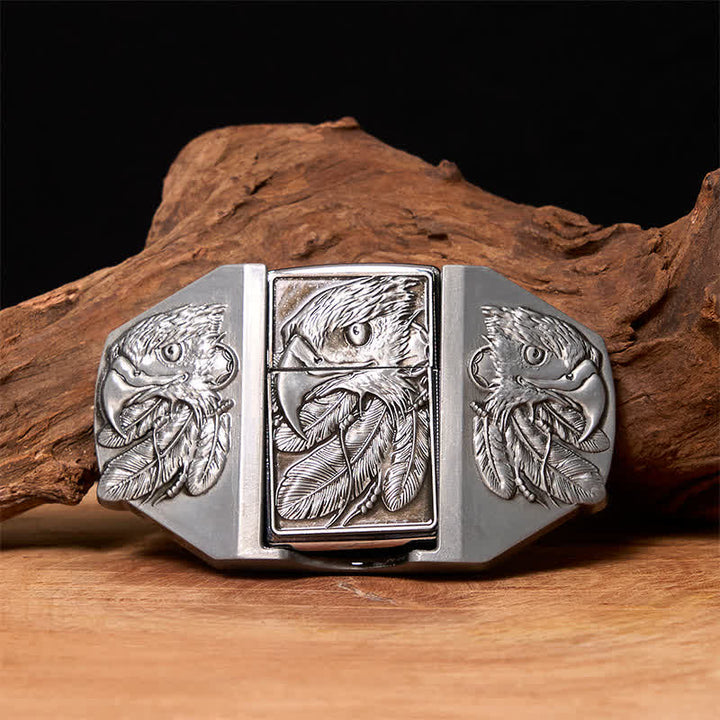 Cinturón de cuero con triple águila plateada para hombre, hecho a mano, con encendedor oculto