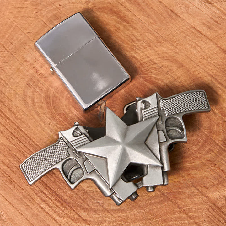 Cinturón de cuero con dos pistolas y estrellas para hombre, con encendedor oculto, hecho a mano