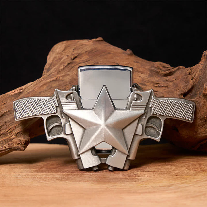 Cinturón de cuero con dos pistolas y estrellas para hombre, con encendedor oculto, hecho a mano