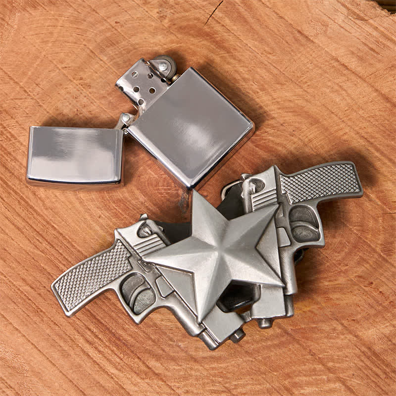 Cinturón de cuero con dos pistolas y estrellas para hombre, con encendedor oculto, hecho a mano