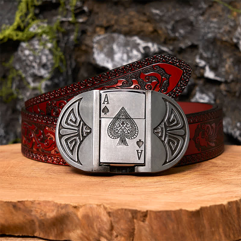 Cinturón de cuero para póquer Lucky ACE para hombre, hecho a mano, con encendedor oculto