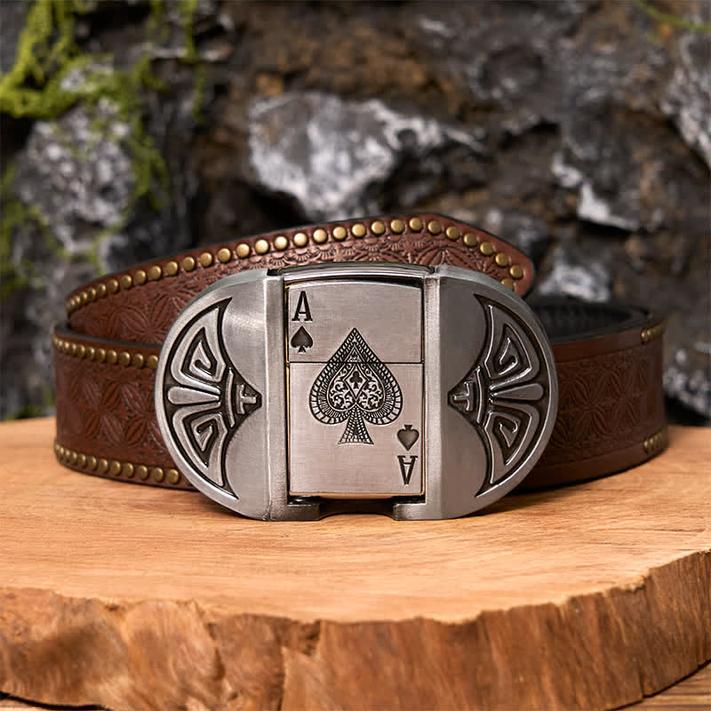 Cinturón de cuero para póquer Lucky ACE para hombre, hecho a mano, con encendedor oculto