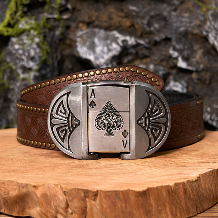 Cinturón de cuero para póquer Lucky ACE para hombre, hecho a mano, con encendedor oculto