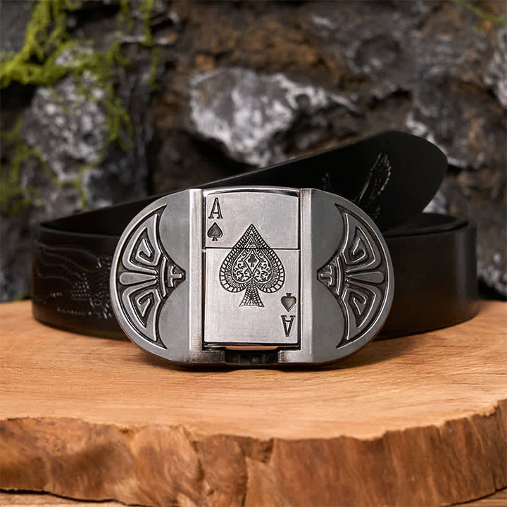 Cinturón de cuero para póquer Lucky ACE para hombre, hecho a mano, con encendedor oculto