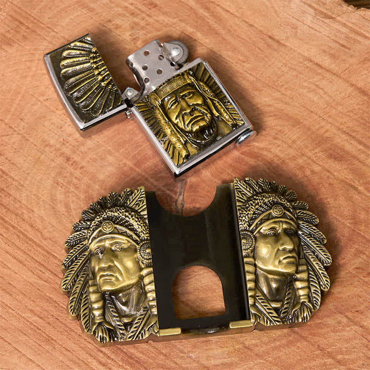 Cinturón de cuero con cabeza de jefe indio para hombre, con encendedor oculto, hecho a mano