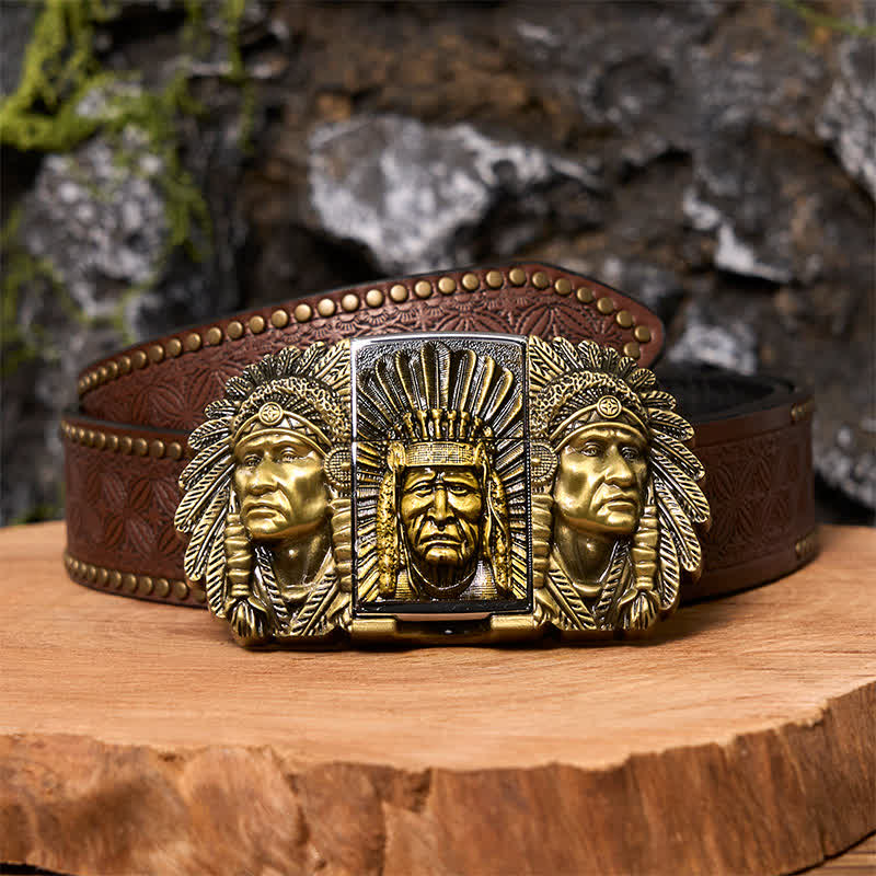 Cinturón de cuero con cabeza de jefe indio para hombre, con encendedor oculto, hecho a mano