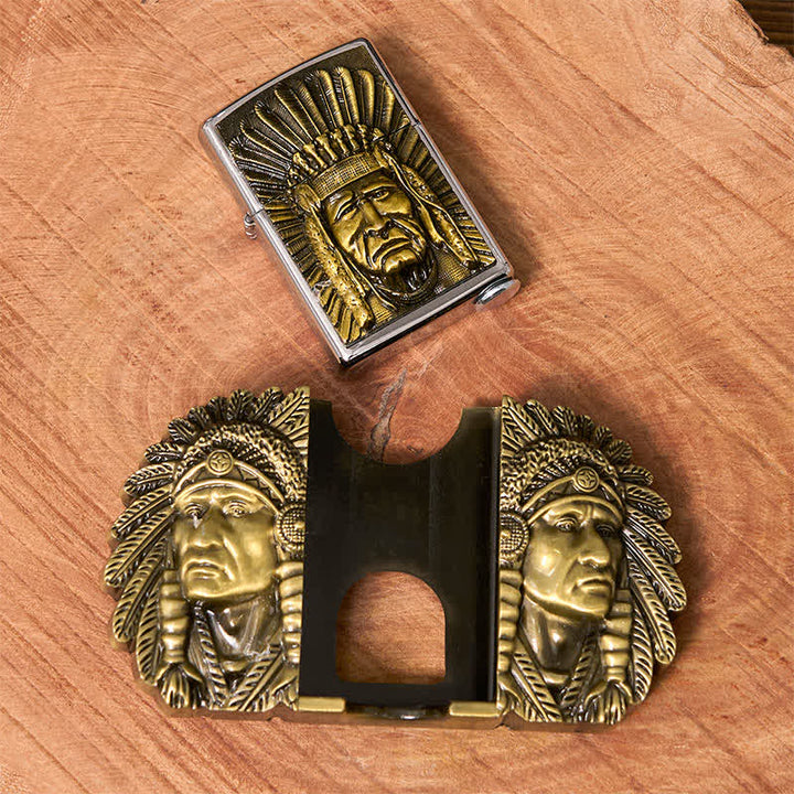 Cinturón de cuero con cabeza de jefe indio para hombre, con encendedor oculto, hecho a mano