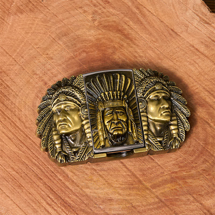 Cinturón de cuero con cabeza de jefe indio para hombre, con encendedor oculto, hecho a mano