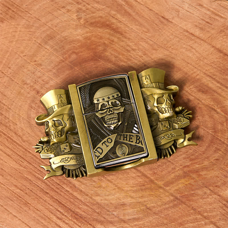 Cinturón de cuero de bronce con tres calaveras Joker para hombre con encendedor oculto